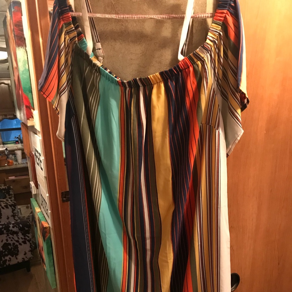 Serape striped knee length off shoulder dress
